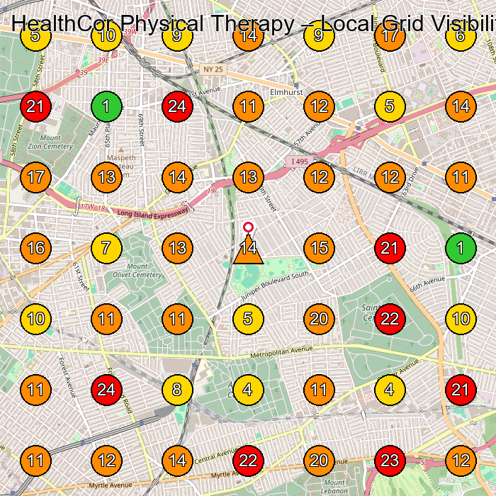 HealthCor Physical Therapy Physical Therapy Clinic GeoGrid ranking map for Queens NY